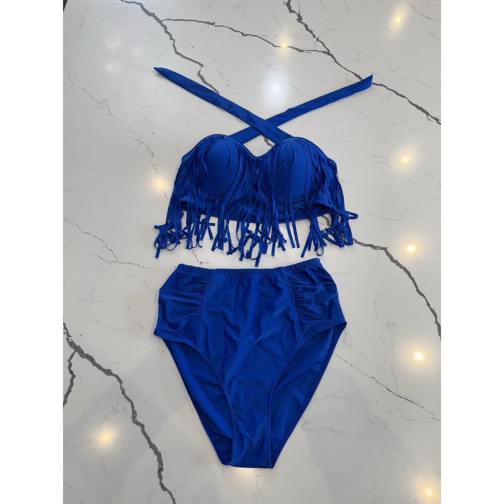 Royal Blue Fringe Bikini Set High Waisted Bottom Bandeau Halter Top Padded L DD